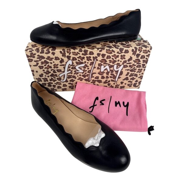 French Sole Jigsaw Women's Flat Scalloped Shoes Black Nappa Leather Size 9.5 M